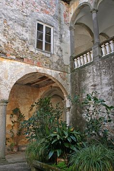 an old building with plants in the courtyard