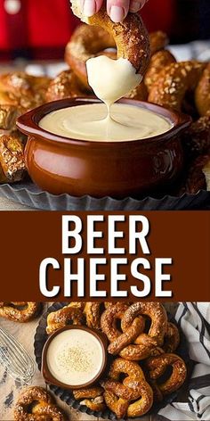 beer cheese being poured into a bowl with pretzels in the background