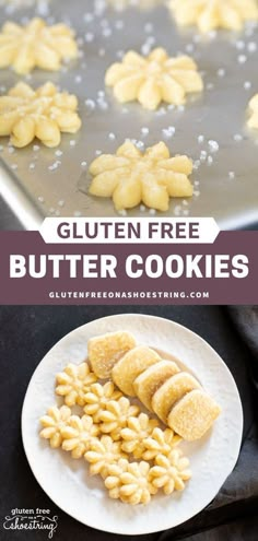 gluten free butter cookies on a white plate with the words gluten free