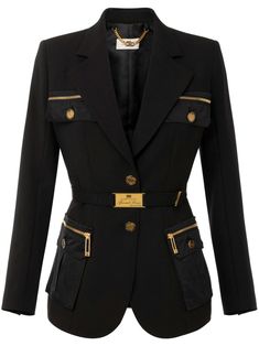 black stretch-design notched lapels front button fastening belted waist gold-tone logo plaque long sleeves buttoned cuffs two chest flap pockets two side cargo pockets straight hem Designer Luxury Belted Blazer, Designer Black Blazer With Welt Pockets, Black Luxury Blazer With Welt Pockets, Luxury Double-breasted Blazer With Flap Pockets, Designer Black Structured Blazer, Look Formal, Exclusive Fashion, Black Blazers, Black Stretch