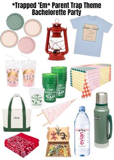 a bunch of items that are on top of a white background with the words trapped em parent trap theme bachelor party