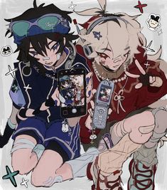 two anime characters with cell phones in their hands, one holding the other's hand