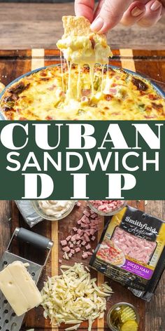 a person scooping cheese out of a casserole dish with the words cuban sandwich dip above it