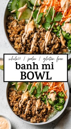 a bowl filled with meat and veggies on top of a white countertop