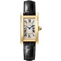 Brand New Authentic Cartier Tank Americaine Small Silver Dial Yellow Gold Leather Strap Women's Watch Model WGTA0039. 18K Yellow Gold case with Black Alligator Leather strap. 18K Yellow Gold Tang clasp. Dial description: Blue hands and Roman Numeral hour markers with minute markers around the inner rim on a Silver dial. Battery Operated Quartz movement. Watch functions: Hour, Minute. Octagonal Set With a Sapphire crown. Scratch Resistant Sapphire crystal. Rectangle case shape. Case size: 34.8mm x 19mm. Case thickness: 6.33mm. Solid case back. 30 Meters - 100 Feet water resistant. 2 year WatchMaxx warranty. Sapphire Crown, Cartier Tank Americaine, Tank Watch, Black Alligator, Old Watches, Cartier Tank, Cartier Watch, Roman Numeral, Eyewear Womens