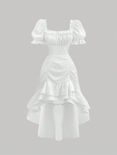 Plus Size White Vintage Square-Neck Puff Sleeve Asymmetrical Hem Long Dress For Teenage Girls White Casual  Short Sleeve Woven Fabric Plain A Line Non-Stretch  Women Plus Clothing, size features are:Bust: ,Length: ,Sleeve Length: Elegant White Dress With Sleeves, Square Line Dress, Puff Dress Sleeve, A-line Dress, White Pirate Dress, White Plain Dress, Short Elegant Dresses, Simple Vintage Dress, White Simple Dress