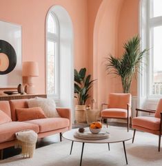 an orange living room with pink walls and white carpeted flooring, two couches in front of a round coffee table surrounded by potted plants