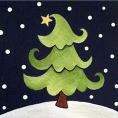 a painting of a green christmas tree on a snowy night with stars and snow flakes