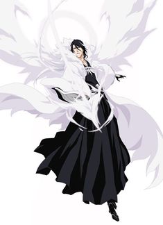 an anime character with black hair and white wings