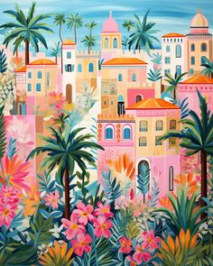 a painting of a city with palm trees and flowers