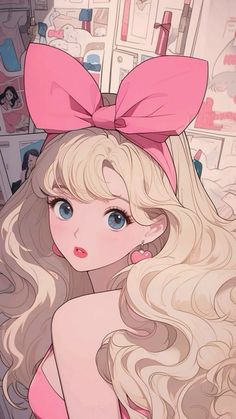 a cartoon girl with long blonde hair and a pink bow on her head is looking at the camera