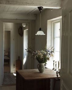 a vase filled with flowers sitting on top of a wooden table next to a window