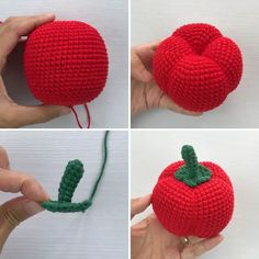 crocheted red apple sitting on top of a white table next to another photo