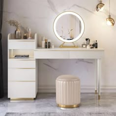 a dressing table with a mirror and stool