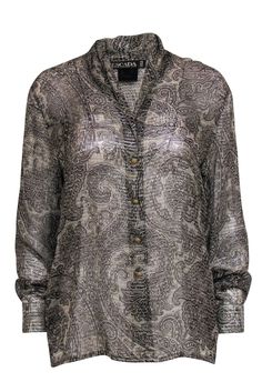 Current Boutique-Escada - Olive, Black, & Silver Paisley Print Semi-Sheer Blouse Sz 6 Formal Paisley Print Tops For Spring, Classic Paisley Print Tops For Fall, Elegant Paisley Print Patterned Blouse, Elegant Paisley Print Blouse, Elegant Paisley Print Tops For Fall, Elegant Patterned Formal Tops, Elegant Patterned Tops For Formal Occasions, Elegant Formal Patterned Tops, Elegant Paisley Print Patterned Tops