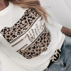 Letter Leopard Print Rhinestone Decor Top S-Bust:38.6(Inch); Top Length:23.6(Inch); Sleeve:20.5(Inch) M-Bust:40.2(Inch); Top Length:24.0(Inch); Sleeve:20.9(Inch) L-Bust:41.7(Inch); Top Length:24.4(Inch); Sleeve:21.3(Inch) Xl-Bust:43.3(Inch); Top Length:24.8(Inch); Sleeve:21.7(Inch) Material:Polyester Leopard Print Top, Rhinestone Decor, Round Neck Sweatshirts, Women Blouses, Womens Long Sleeve Shirts, Trend Fashion, Chic Me, Fashion Pattern, Clothing Dresses