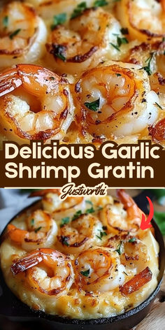 delicious garlic shrimp garnished with parsley in a skillet