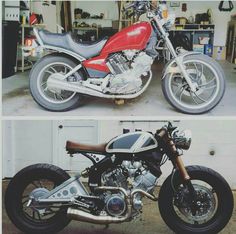 two pictures of motorcycles parked in front of a garage