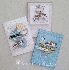 three cards with cows on them, one has a birthday card and the other is a happy birthday