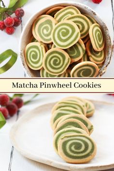 matcha pinwheel cookies on a plate with berries in the background