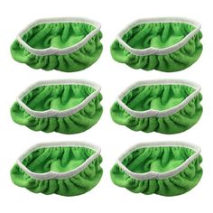 six pairs of green scrunffles with white trim on the bottom and sides