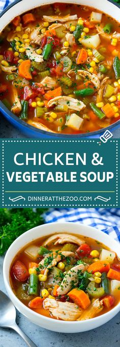 chicken and vegetable soup in a white bowl