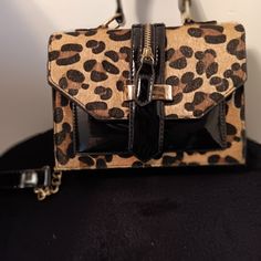 New Animal Print Black And Tan Patent Leather Bag With Shoulder Straps Brown Party Bag With Adjustable Strap, Brown Party Bags With Adjustable Strap, Chic Brown Satchel For Party, Brown Fall Party Bags, Fall Party Brown Bags, Brown Party Bags For Fall, Casual Brown Bags For Parties, Soft Leather Handbags, Leopard Skin