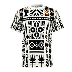 Stand out with this unique Modern African Artistry t-shirt, expertly designed with a stunning combination of traditional African prints and modern graphics. In a sleek monochromatic theme with bold orange accents, this design boasts intricate spearheads, shields, and foliage symbols, bridging the gap between nature and our warrior heritage. Versatile, this distinct African Tribal Pattern-Inspired shirt can be worn for any style. #AfricanPrint #ModernGraphics #GraphicTShirt #Monochrome #UnitedInDesign #ArtisticFashion #BlackHeritageTop #CulturalHeritage #MinimalistTwist #NatureInfusedDesign Artistic White T-shirt With Custom Print, Artistic Printed White Tops, White All Over Print T-shirt For Summer, Summer White T-shirt With All Over Print, White Short Sleeve Top With All Over Print, Patterned Cotton T-shirt With All Over Print, White Printed Graphic Tee Shirt, White Short Sleeve T-shirt With All Over Print, White Cotton Tops With All Over Print