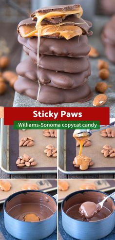 there is a collage of pictures showing how to make sticky paws with chocolate and peanut butter