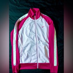 White And Pink Full-Zip Nike Jacket. Never Worn. White Track Jacket With Zipper For Spring, White Spring Track Jacket With Zipper, White Track Jacket For Spring, White Track Jacket With Zipper Closure For Fall, White Zipper Track Jacket For Winter, White Track Jacket With Zipper For Sports, Tech Women, Gingham Jacket, Tops Nike