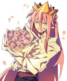 an anime character holding a bouquet of roses in her hands and wearing a crown on top of her head