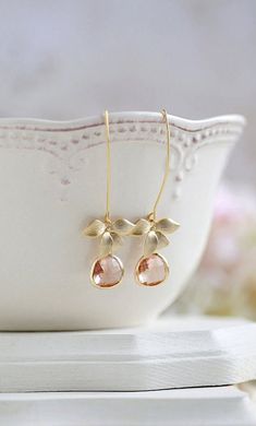 Peach Champagne Gold Orchid Flower Dangle Earrings Peach Champagne Wedding Bridal Earrings Bridesmaid Earrings Valentine's Day Gift for her by LeChaim Elegant Apricot Earrings For Gift, Elegant Apricot Dangle Jewelry, Elegant Apricot Dangle Earrings, Gold Dangle Flower Earrings For Bridesmaids, Elegant Apricot Jewelry For Wedding, Peach Champagne Wedding, Champagne Earrings, Bridesmaid Gifts Earrings, Gold Orchid