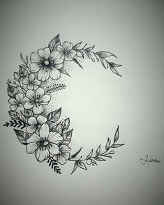 a black and white drawing of flowers in the shape of a crescent with leaves on it