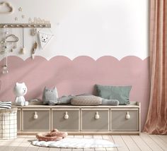 a child's room with pink and white walls