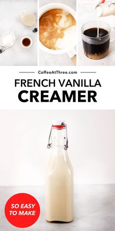 french vanilla creamer in a glass bottle with ingredients to make it and how to use it