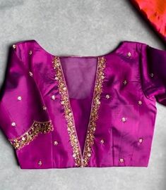 Dark Pink Blouse Designs, Purple Raw Silk Blouse Piece With Resham Embroidery, Purple Zari Work Blouse For Diwali, Diwali Purple Blouse With Zari Work, Purple Art Silk Blouse For Parties, Purple Blouse With Zari Work, Anarkali Blouse Piece With Dori Work In Purple, Semi-stitched Purple Blouse Piece With Dori Work, Purple Art Silk Party Blouse