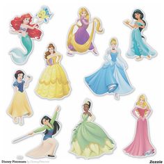 disney princesses stickers are shown in various colors and sizes, including one with the same