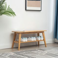 a wooden bench with shoes on it in front of a painting and potted plant