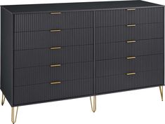 a black dresser with gold handles and drawers