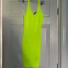 Brand New Never Worn Highlighter Green Dress Yellow Casual Bodycon Dress For Party, Casual Yellow Bodycon Dress For Party, Yellow Bodycon V-neck Mini Dress, Yellow Bodycon Midi Dress For Summer, Casual Yellow Midi Dress For Night Out, Neon Yellow Sleeveless Mini Dress For Spring, Spring Yellow Bodycon Midi Dress, Sleeveless Neon Yellow Mini Dress For Spring, Trendy Yellow Bodycon Dress For Spring