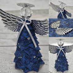 an angel figurine is shown in blue and silver