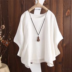 Lasaky - Cotton Linen Short-Sleeve Loose Fit Solid Color Batwing Sleeve Tops Round Neck Pullover Woman Blouse Casual, Batwing Sleeve Top, Drop Shoulder Shirt, Linen Casual, Sleeves Clothing, Summer Blouses, Women Sleeve, Pullover Shirt, Casual Blouse