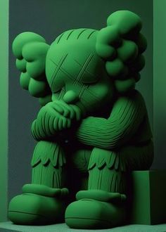 a green sculpture sitting on top of a shelf