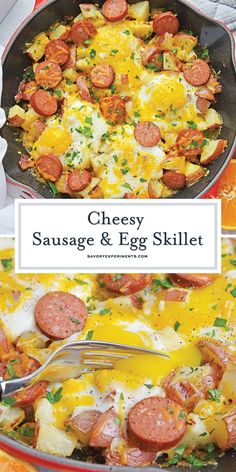 sausage and egg skillet in a pan with a fork