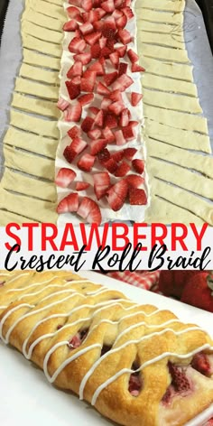 strawberry crescent roll braid with white icing on top and strawberries in the background