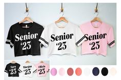 Vintage High School Senior Est 2023 Crop Top Varsity Shirts for girls Personalize with your own Name & Number! Perfect back to school shirts for incoming Seniors in high school! Match with your friends, and customize the back. Customize these high school senior shirts with your own name and number! Women's Sizes Available: XS, S, M, L, XL, XXL Shirt Colors Available: White, Black, Soft Pink, Mauve, Sunset Orange, Natural, Navy Blue, Lilac Need a different saying on the front? No problem! Send us 2023 Crop Top, Vintage High School, Shirts Crop Tops, Senior 2023, Shirts Crop, Senior Shirts, Pink Mauve, Cropped Tops, High School Senior