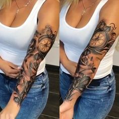 the woman is showing off her arm with tattoos on it