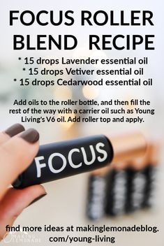 Focus Roller Blend, Focus Essential Oil, Essential Oil Blends Roller, Essential Oil Roller Bottle Recipes, Essential Oils Focus, Roller Blends, Making Lemonade, Essential Oil Roller Balls, Vetiver Essential Oil