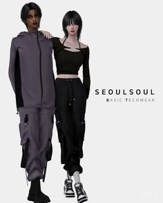 two women standing next to each other in black and grey outfits with text that reads seoulsoul basic techwear