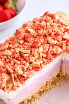 a large piece of strawberry ice cream cake